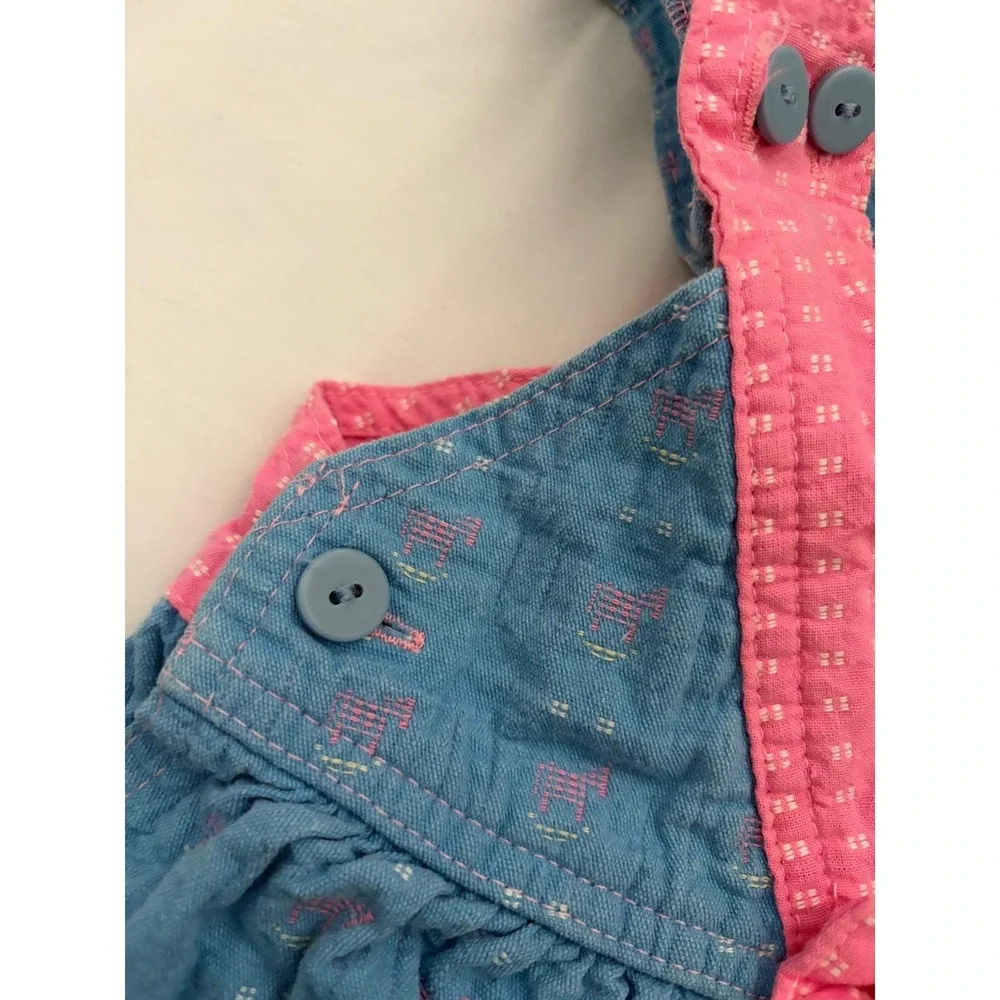 OshKosh B'gosh Pinafore Dress Vintage Cottagecore Blue Pink Bow 18M